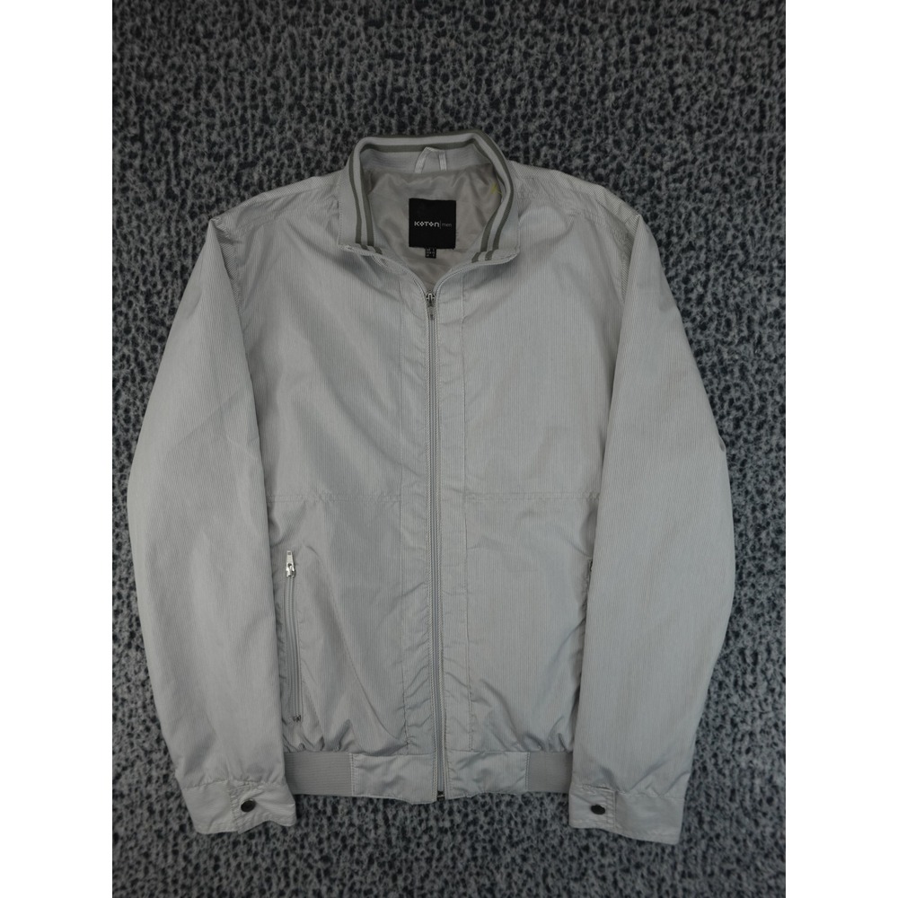 Koton Bomber Jacket Mens S Grey White Micro Stripe Zip Up Mock‎ Neck Good